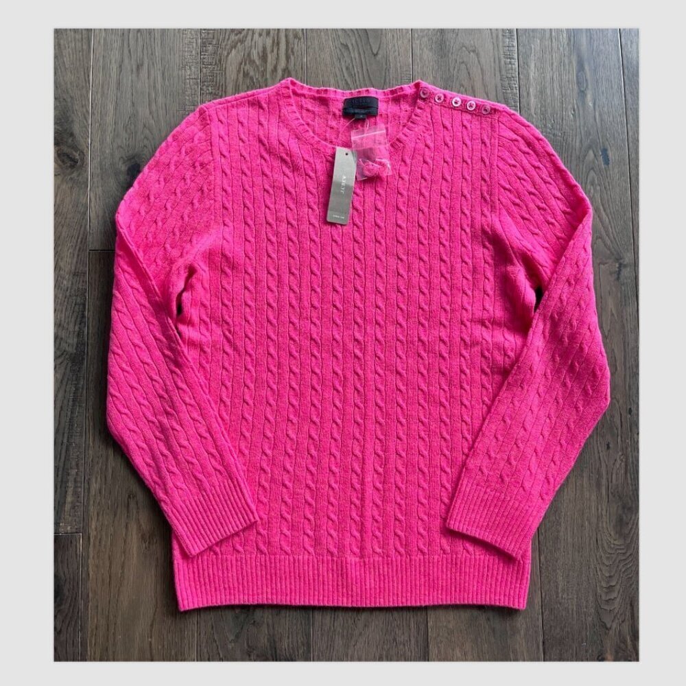 J. Crew Italian Cashmere Cable Knit Crewneck Sweater Size S Pink Button Nwt